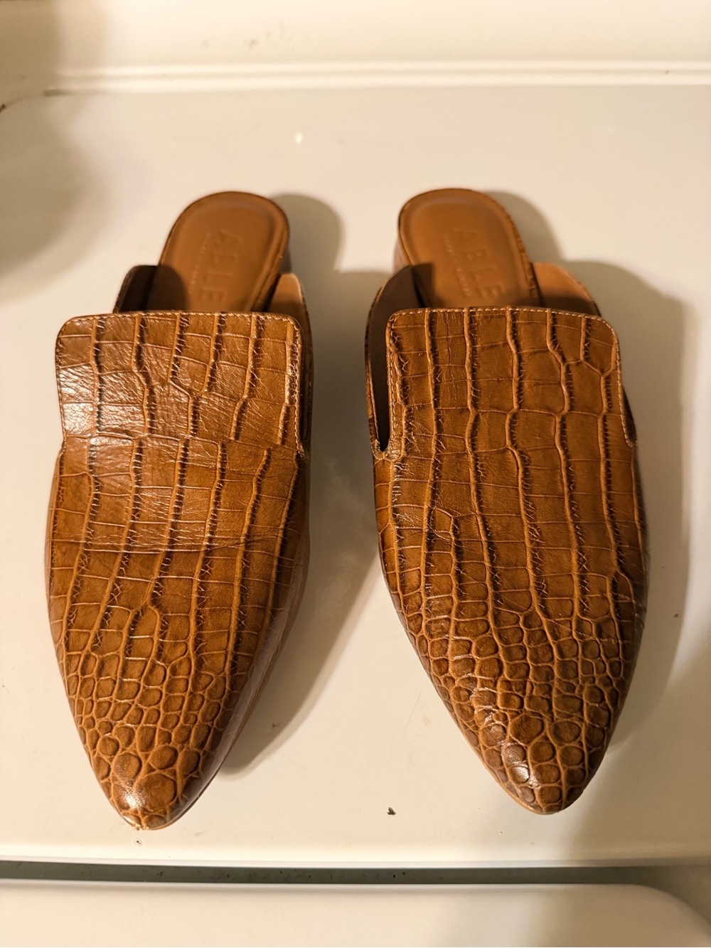 ABLE Women’s 8.5 Brown Croc Embossed Leather Pointed Toe Mules